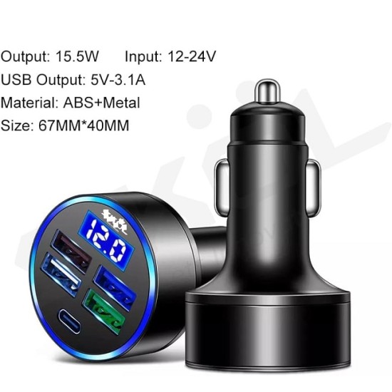 PD Car Charger 4 USB Digital Display Fast Charging