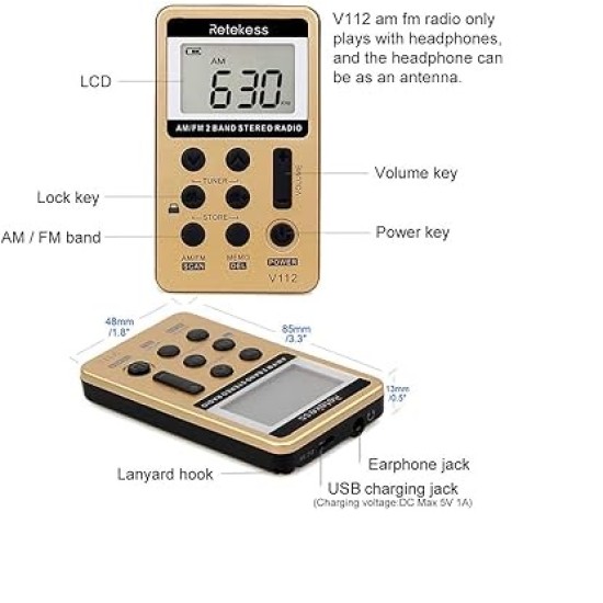 Retekess V112 Pocket AM FM Radio Rechargeable