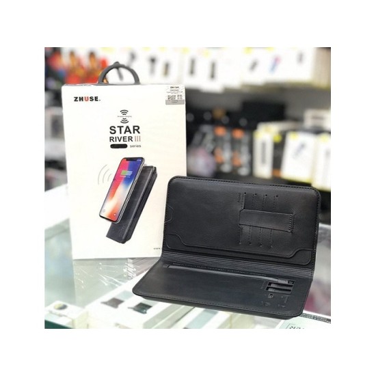 Zhuse Star River Series 3 Wireless Power Bank Leather Wallet - Black