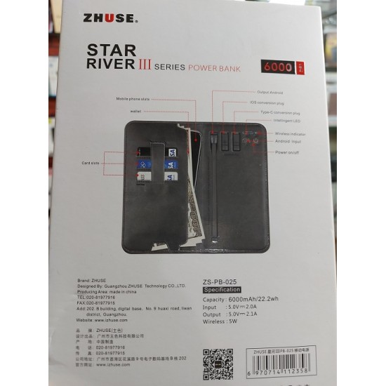 Zhuse Star River Series 3 Wireless Power Bank Leather Wallet - Black