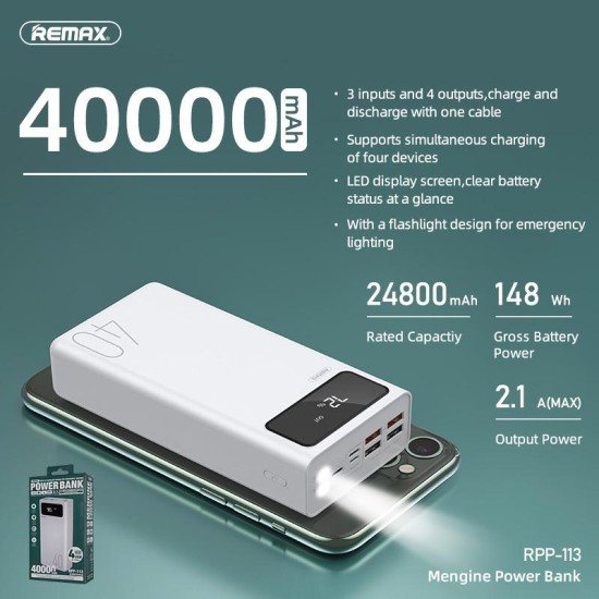 Original Remax RPP-113 Power Bank 40000mAh 4 USB Outputs 3 input With Torch Light