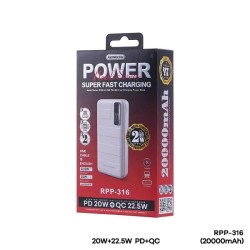 Remax RPP-316 Noah Series 20000mAH 20W + 22.5W PD + QC Super Fast Charging Power Bank