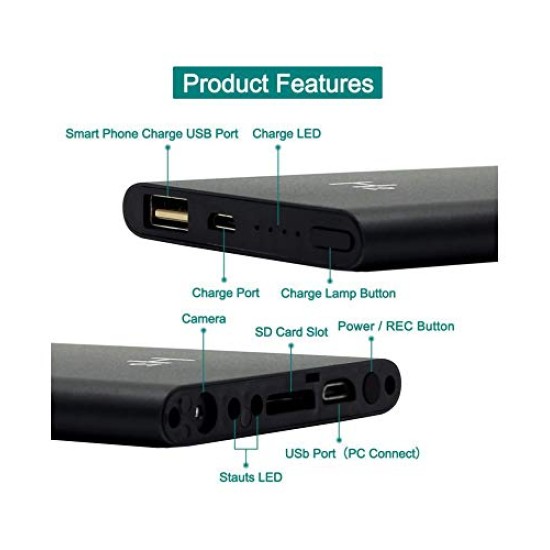 H2 Power Bank Camera 1080P Night Vision 5000mAh Battery 8 Hour Video