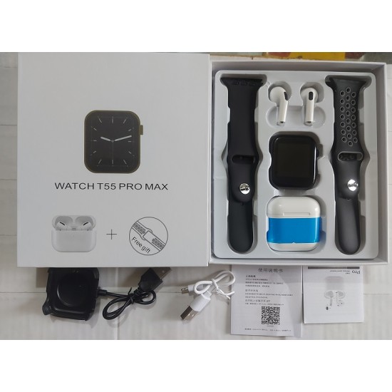 T55 Pro Max Smartwatch Free Bluetooth Dual Belt Calling Option 45MM - Black 