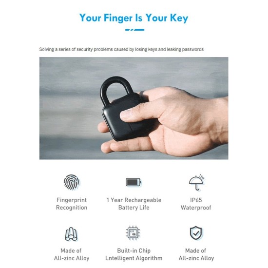 L3 Fingerprint Padlock Smart Keyless  Tools DIY Door Car Luggage Case Security Lock IP65 Waterproof